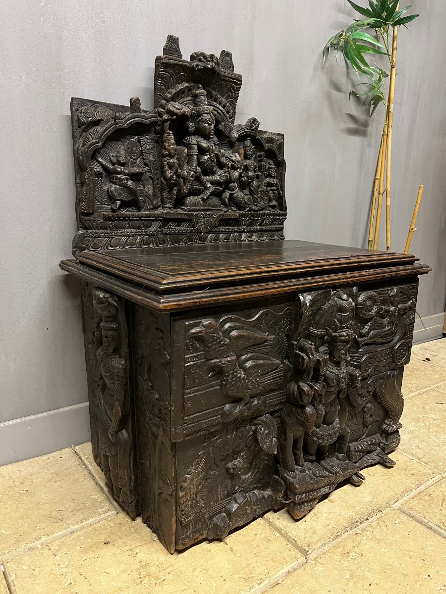 Banc -coffre fresque indienne ethnique art asiatique meuble