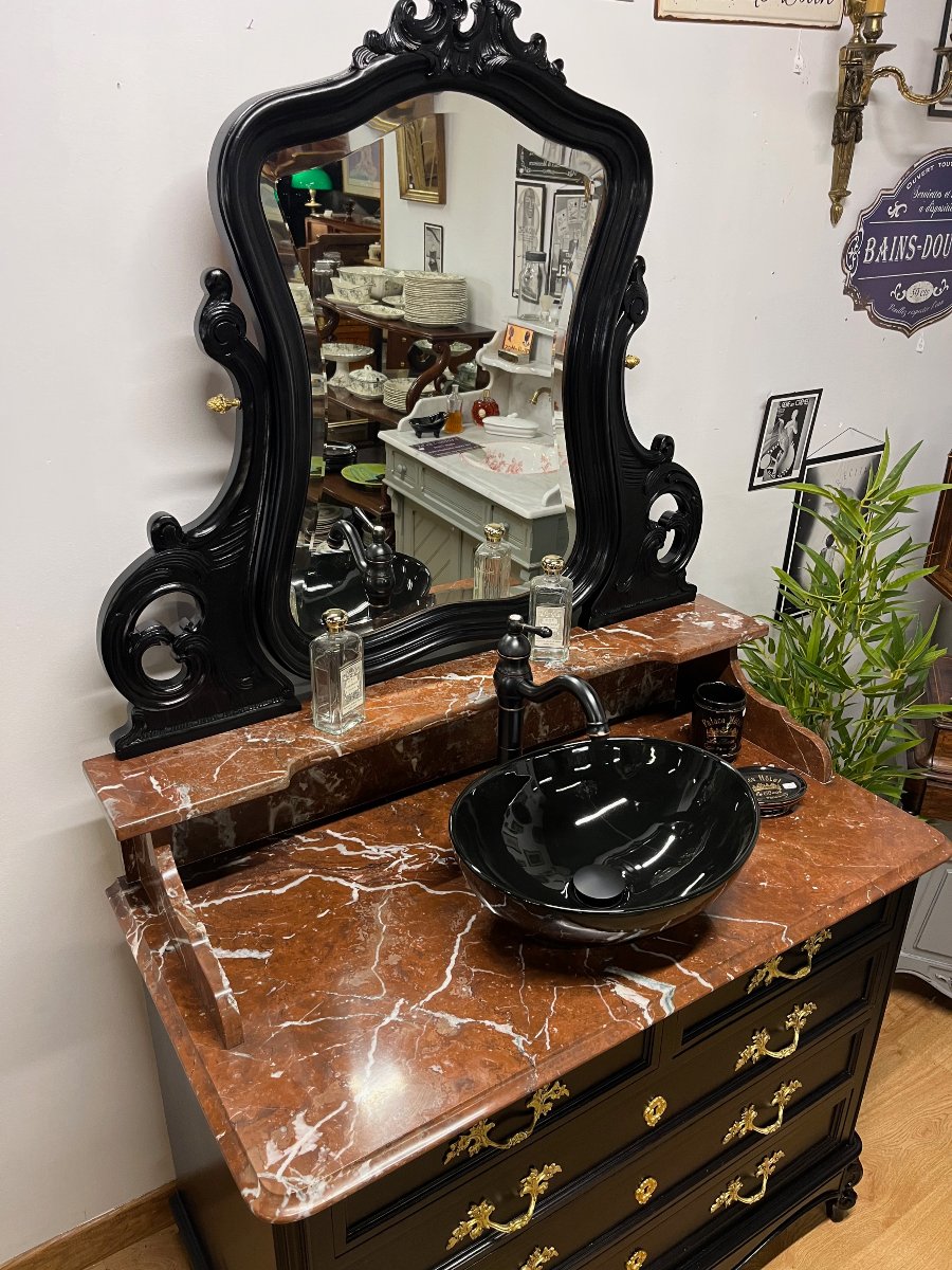 Antique Bathroom Cabinet With Mirror, Sink, And Toilet Fixtures-photo-2