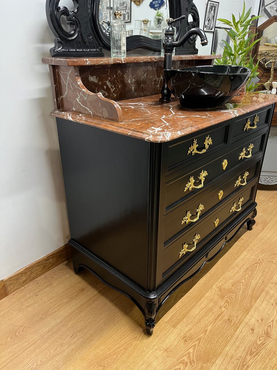 Antique Bathroom Cabinet With Mirror, Sink, And Toilet Fixtures-photo-3