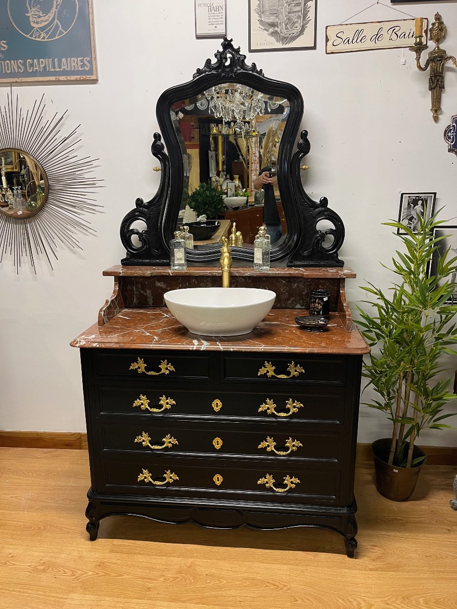 Antique Bathroom Cabinet With Mirror, Sink, And Toilet Fixtures-photo-4