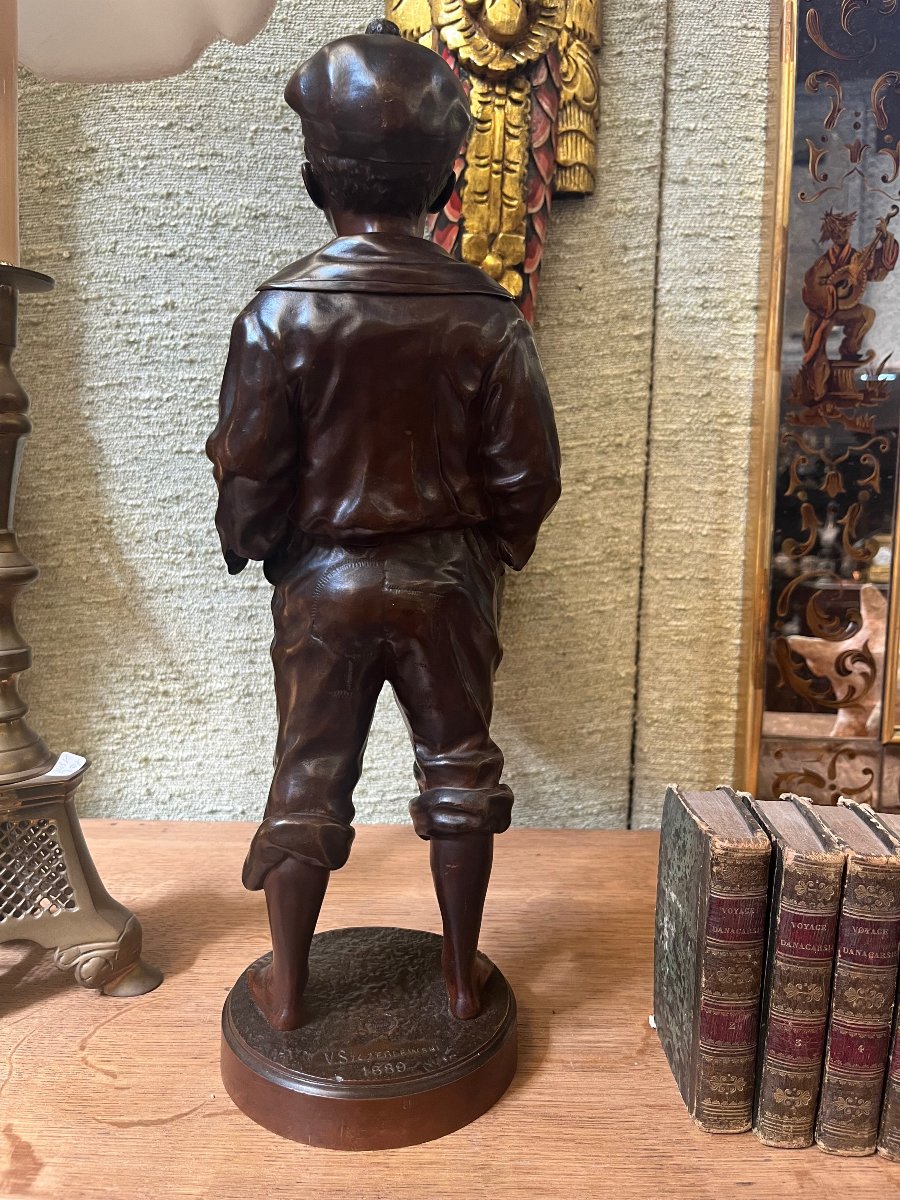 Bronze Statue "the Whistling Ship's Boy" By Szczeblewski, Height 43 Cm, Sailor, Stamped By The Foundry Virlet-photo-4