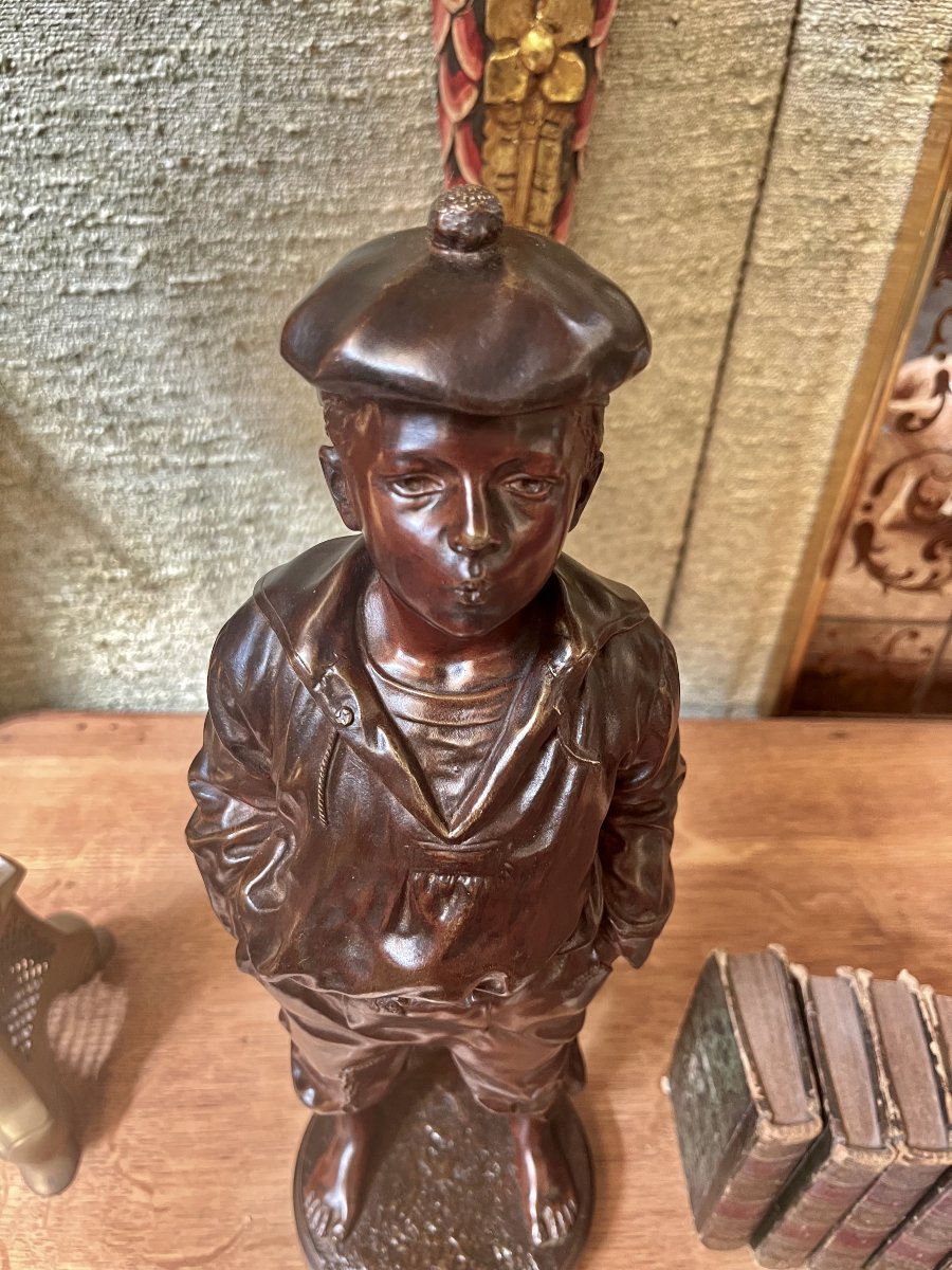 Bronze Statue "the Whistling Ship's Boy" By Szczeblewski, Height 43 Cm, Sailor, Stamped By The Foundry Virlet-photo-3