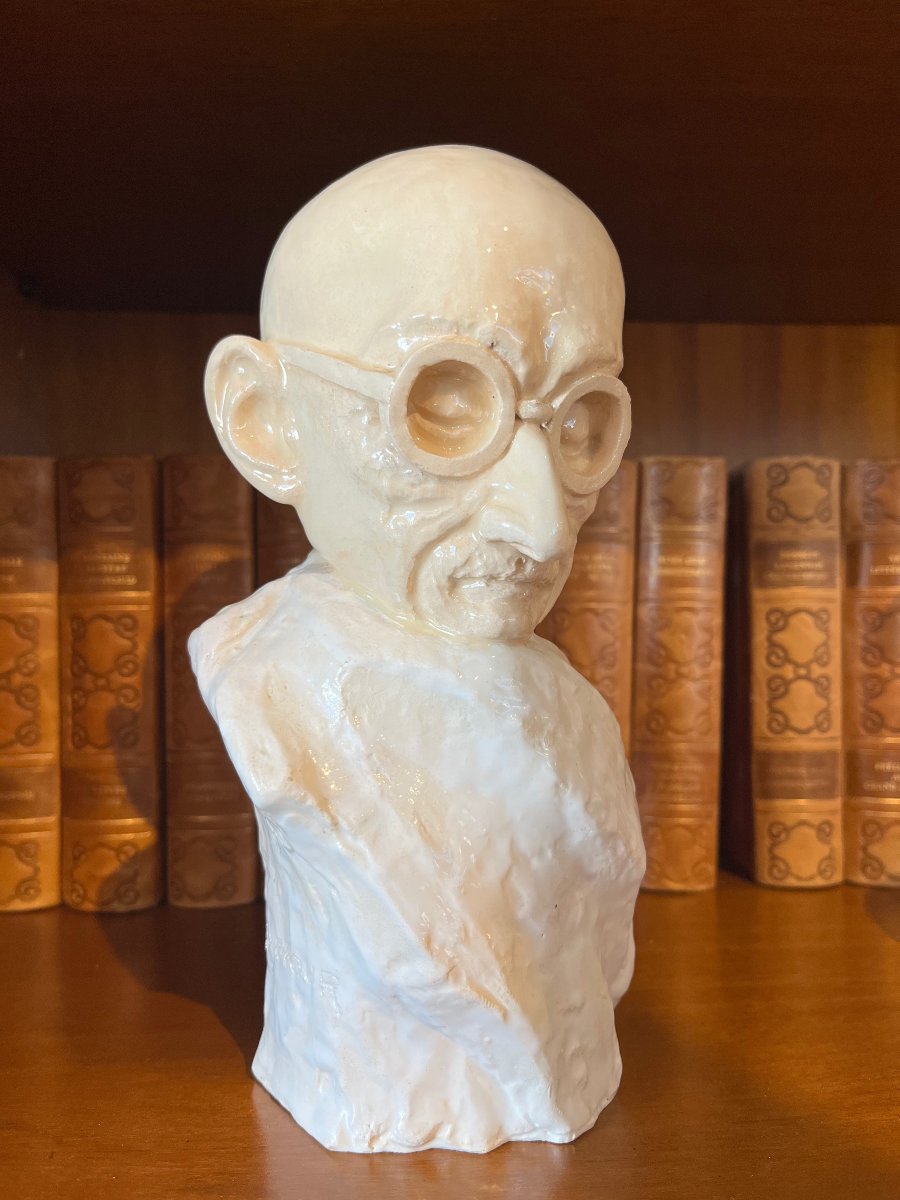  Terracotta Sculpture By Raymond Raffour: A Bust Of "gandhi" 