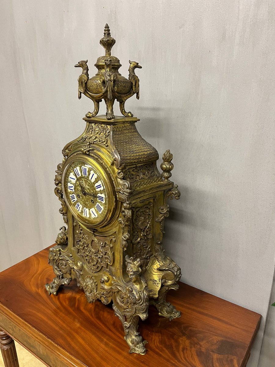 Grande pendule  bronze , 19 ème de style Louis XV rocaille  hauteur 78 cm -photo-3