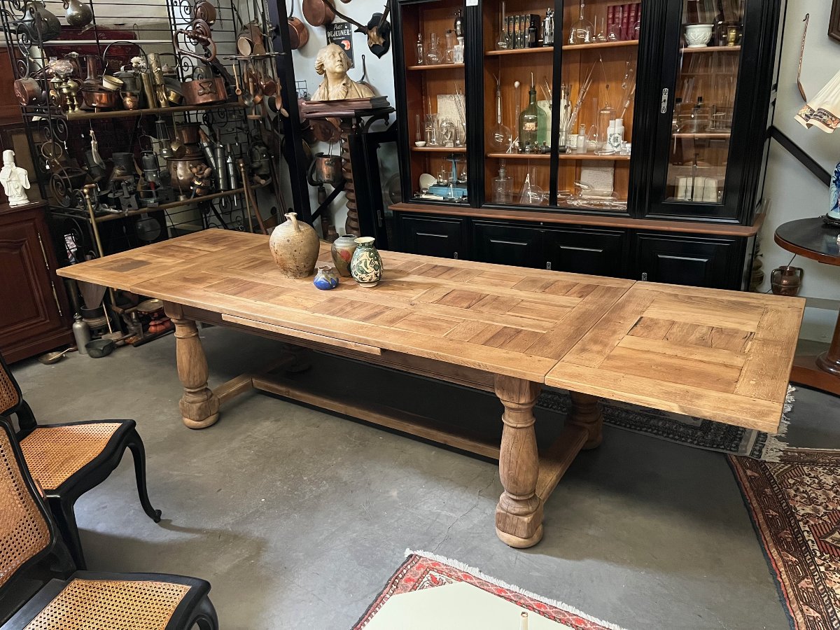 Large Antique Farmhouse Table With Extension Leaves, Made Of Natural Oak