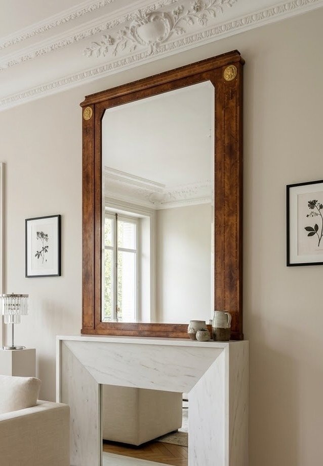Large Art Deco Mirror In Burl Walnut And Bronze, H. 150 Cm -photo-2