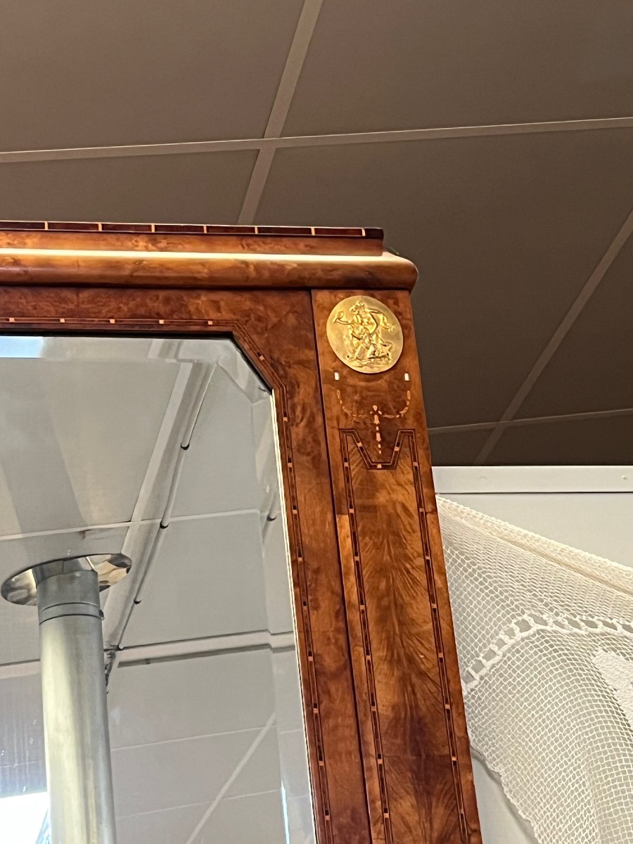 Large Art Deco Mirror In Burl Walnut And Bronze, H. 150 Cm -photo-1