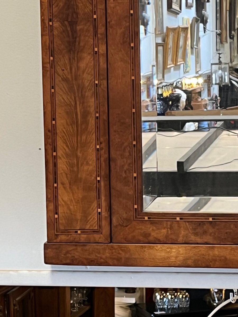 Large Art Deco Mirror In Burl Walnut And Bronze, H. 150 Cm -photo-2