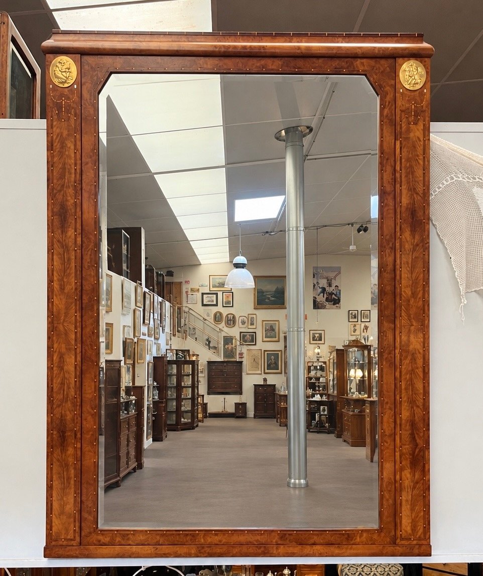 Large Art Deco Mirror In Burl Walnut And Bronze, H. 150 Cm 