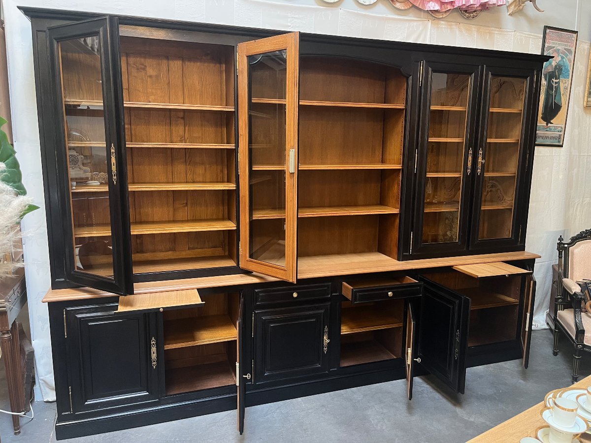 Large Black-patinated Oak Bookcase With Display Cabinets -photo-2
