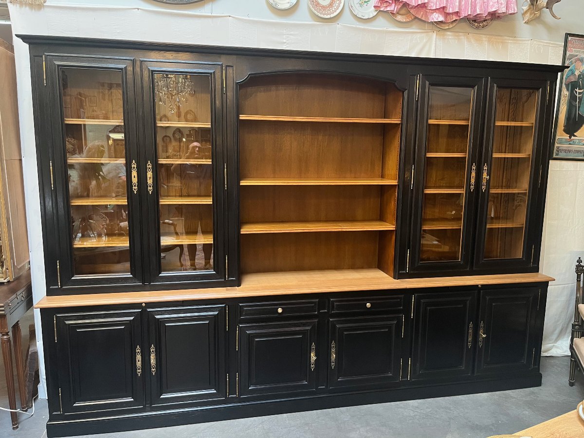 Large Black-patinated Oak Bookcase With Display Cabinets 