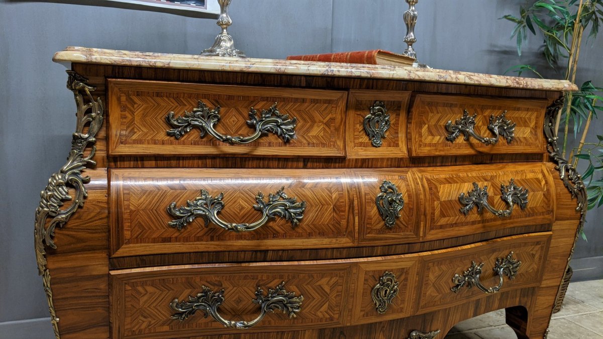 Commode Style Louis XIV XV- Régence Galbée Marquetée Bois De Violette Tombeau-photo-3