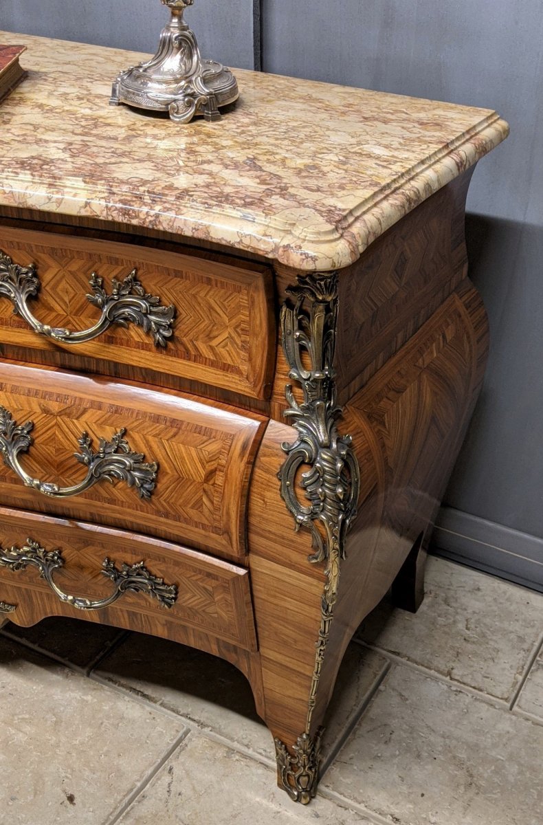 Commode Style Louis XIV XV- Régence Galbée Marquetée Bois De Violette Tombeau-photo-2