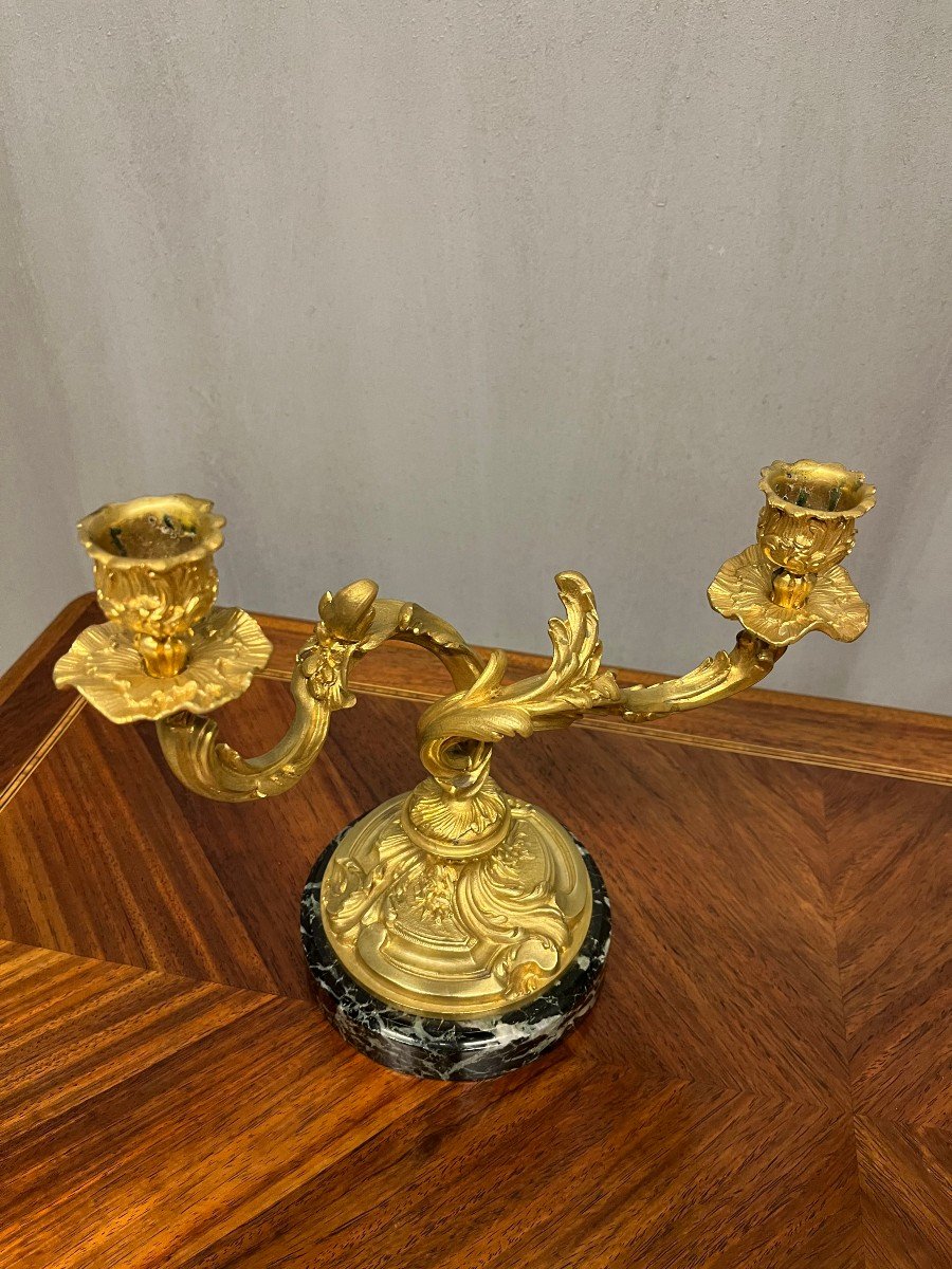 - Pair Of Louis XV Gilt Bronze Candlesticks With 2 Lights Candelabra Torches Candlesticks-photo-3