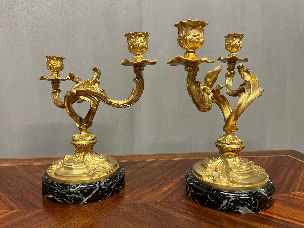 - Pair Of Louis XV Gilt Bronze Candlesticks With 2 Lights Candelabra Torches Candlesticks-photo-4