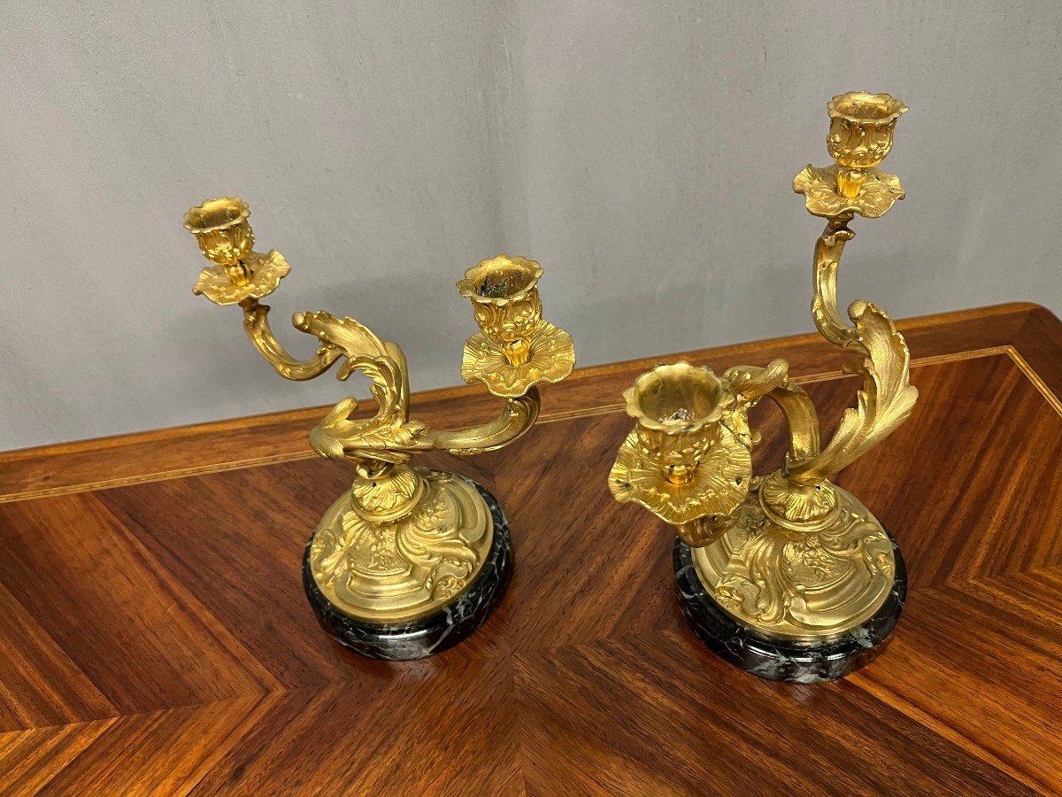 - Pair Of Louis XV Gilt Bronze Candlesticks With 2 Lights Candelabra Torches Candlesticks-photo-4