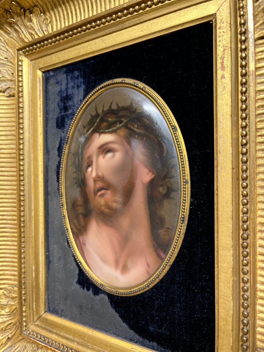 Crowned Christ Painting On Porcelain Card Carved Golden Religious-photo-3