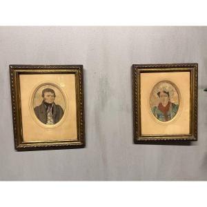 Paire d' Aquarelles  Portraits  Homme  Femme  Couple De Normands De Caen De 1830 tableaux Castel 