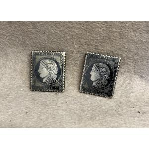 Paire De Boutons De Manchettes Timbres France  En Argent Massif