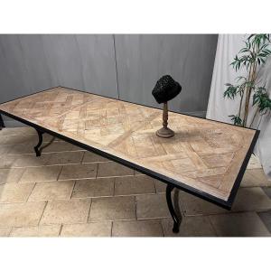 Large Oak Table Old Versailles Parquet And Rectangular Metal