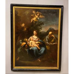 Large Religious Painting Virgin And Child 17th Cherub Saint Joseph 116 X 86