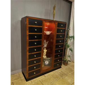 Meuble Classeur -vitrine Art Deco En Palissandre Cartonnier Bureau 18 Tiroirs Bibliothèque Déco