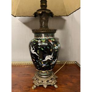 Japanese Lamp, Napoleon III In Black Cloisonné Enamels And Bronze