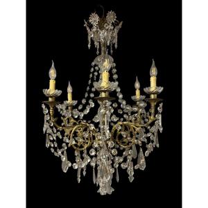 Grand Lustre à Pampilles Cristal Et Bronze  Haut. 100