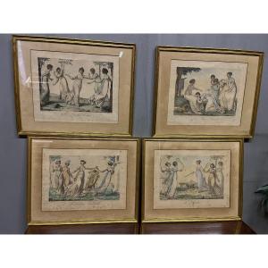 Suite Of 4 Engravings Of Feminine Allegories Signed Bosio Outdoor Games 