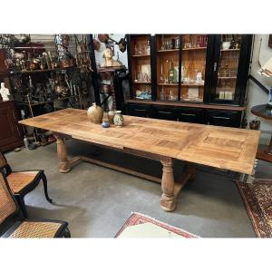 Large Antique Farmhouse Table With Extension Leaves, Made Of Natural Oak