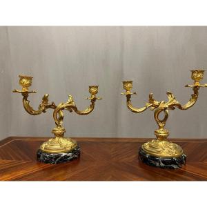 - Pair Of Louis XV Gilt Bronze Candlesticks With 2 Lights Candelabra Torches Candlesticks