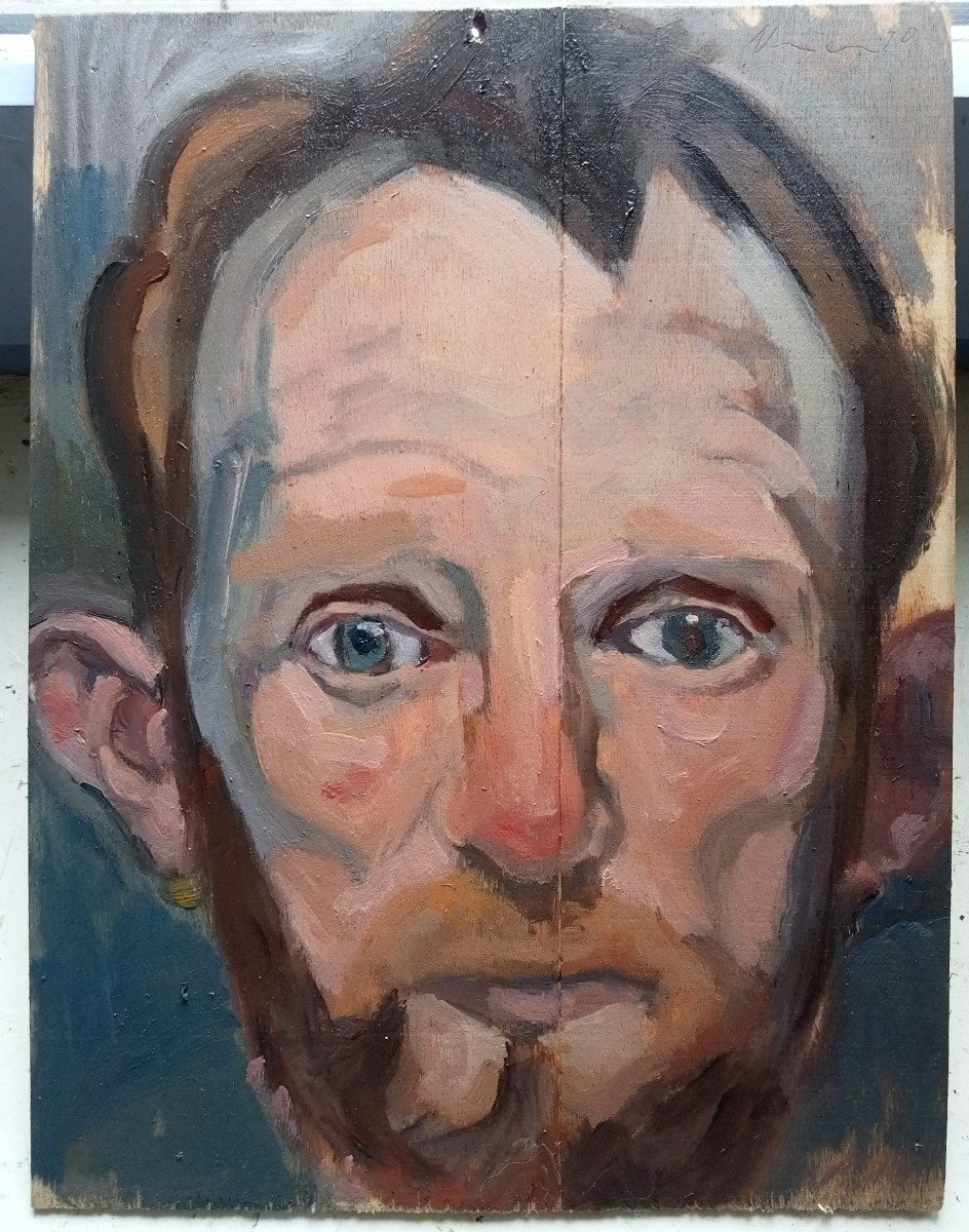 Tableau Peinture Fusain Expressionniste - Portrait Homme Années 80 - Art Vintage