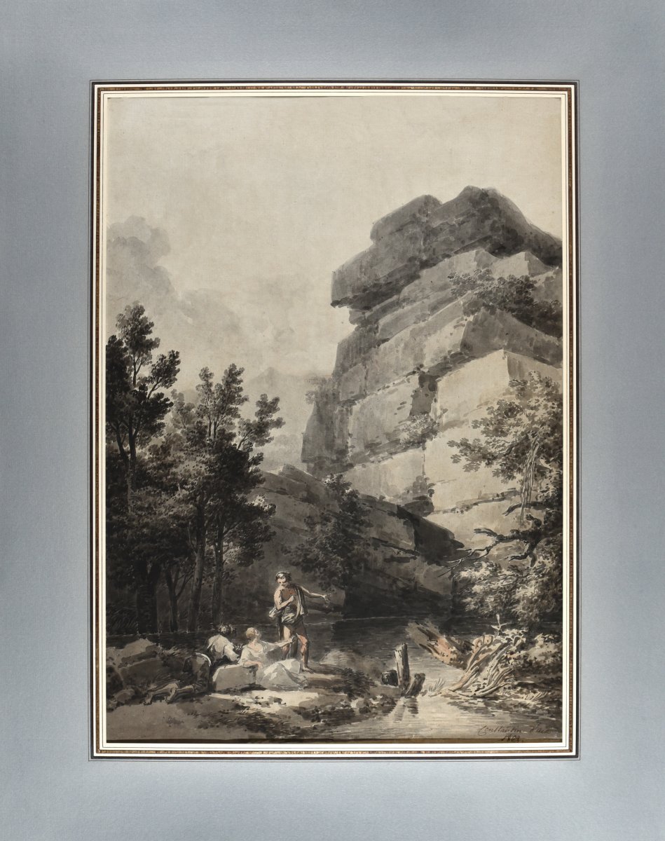 Constantin d'Aix (1756-1844), Paysage animé aux rochers, Plume et lavis d'encre