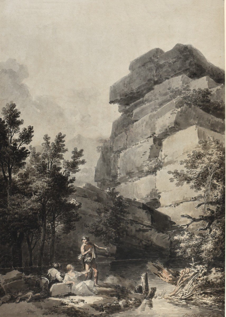 Constantin d'Aix (1756-1844) Paysage Animé Aux Rochers , Plume, Lavis d'Encre Noire 