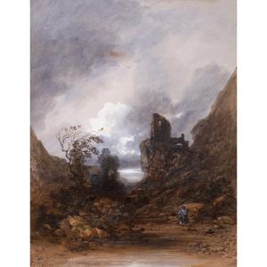 Gabriel-Hippolyte LEBAS (1812-1880), Paysage orageux au donjon en ruine