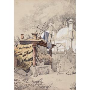 Auguste Borget (1808-1877), Scène Animée Devant Une Mosquée, Inde