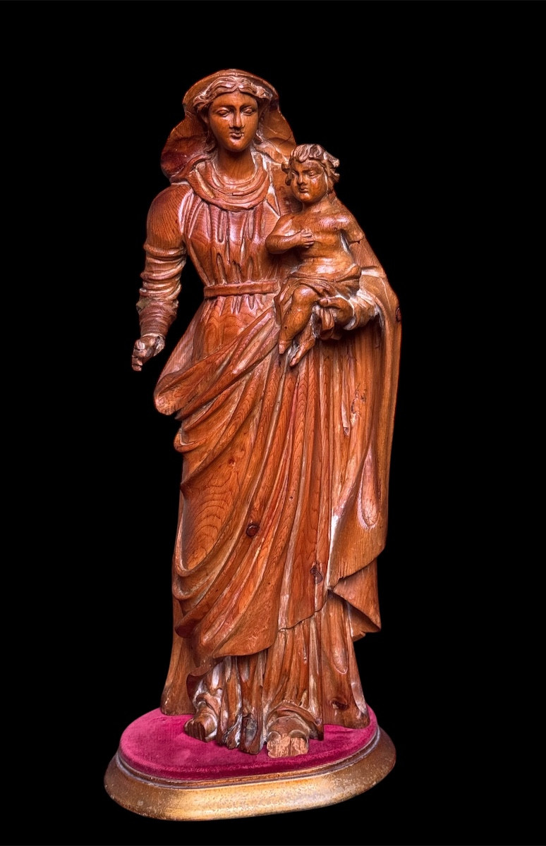 Vierge à l’enfant En Bois Naturel époque XVIIe Siècle, France 