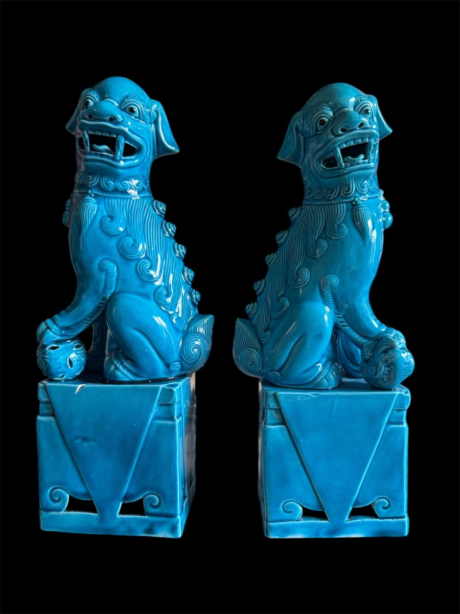 Paire De Grands Chiens Fô En Porcelaine Bleu -photo-2