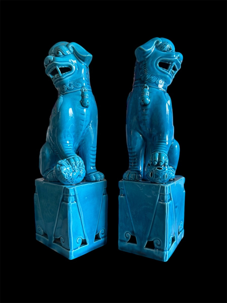 Paire De Grands Chiens Fô En Porcelaine Bleu -photo-3