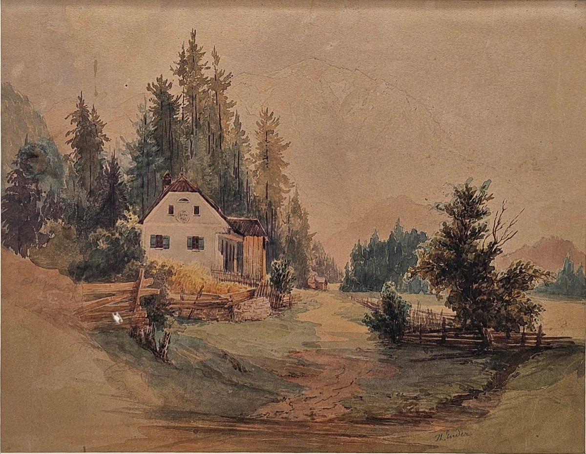 Thomas Ender (1793–1875) Paysage rural avec maison au pied d’une forêt – Aquarelle XIXᵉ siècle-photo-2