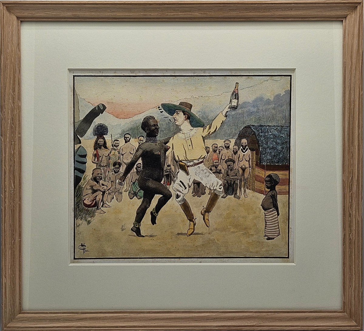 Watercolor Monogrammed “cm”, Dated 1902. Colonial Scene – Africa