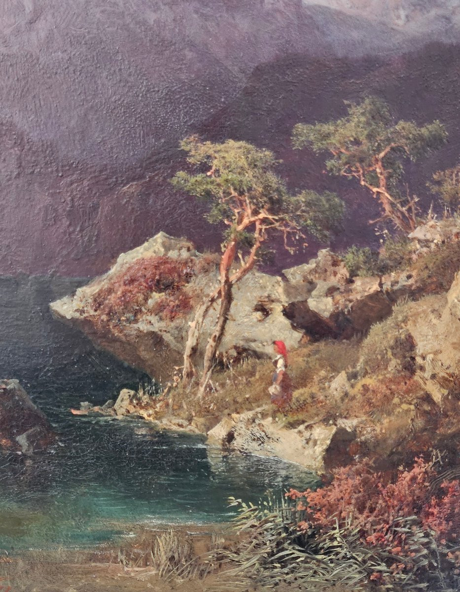 Josef Brunner – View Of Wolfgangsee And Schafberg, Salzkammergut – Oil On Panel 1871-photo-3