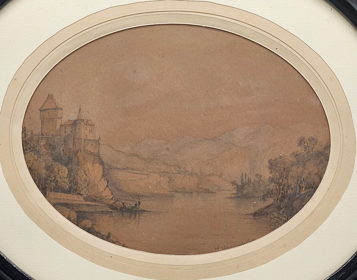 Alfred De Courville (1816-1875) – Duingt Castle, Lake Annecy – Graphite Drawing X-photo-2