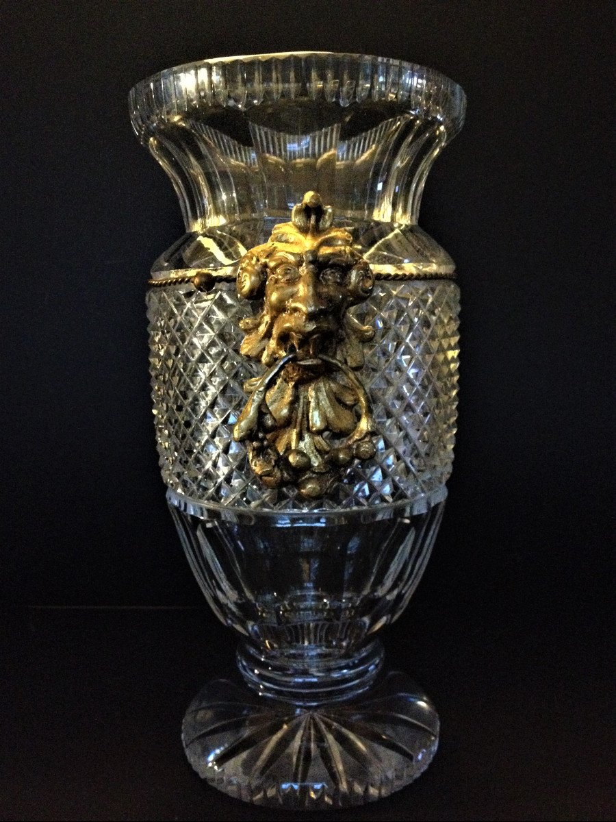 Cut Crystal Vase Decorated With Two 20th Century Faun Heads-photo-2