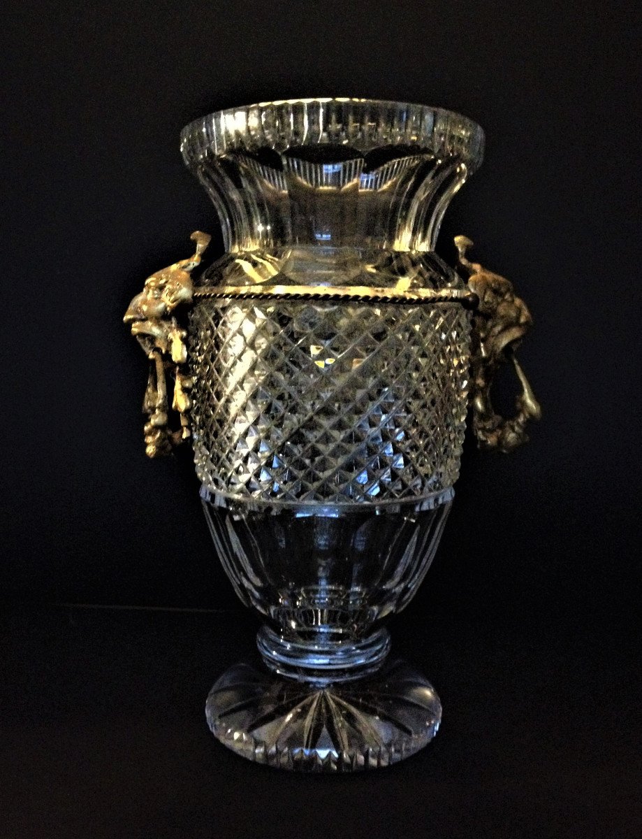 Cut Crystal Vase Decorated With Two 20th Century Faun Heads