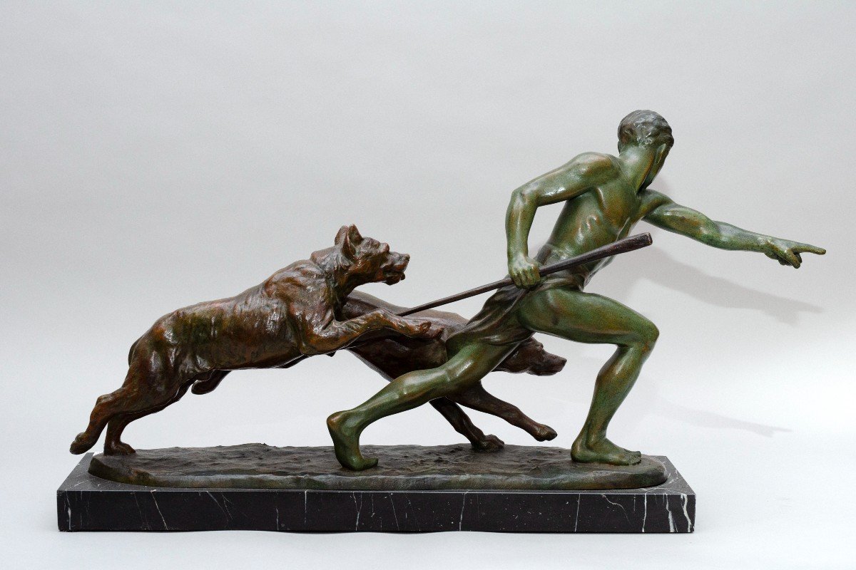 Art Deco Bronze "dog Trainer", Louis Riché (paris 1877-1949)-photo-4