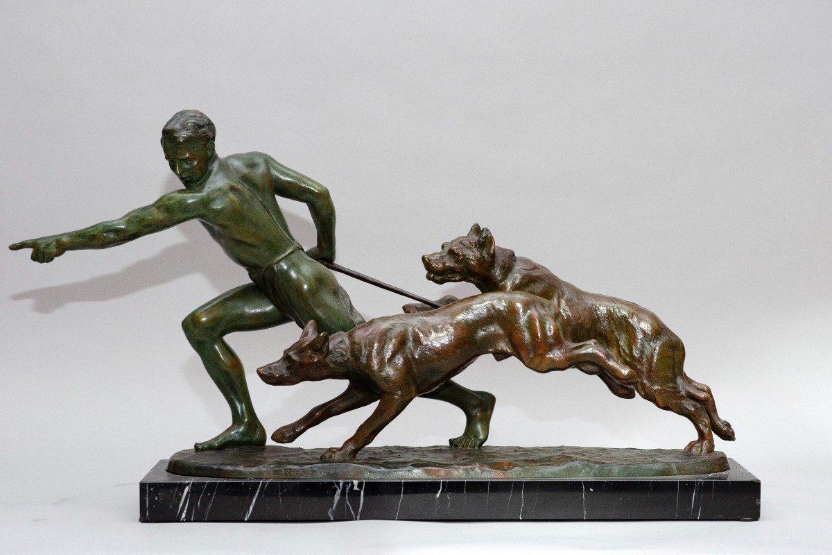 Art Deco Bronze "dog Trainer", Louis Riché (paris 1877-1949)