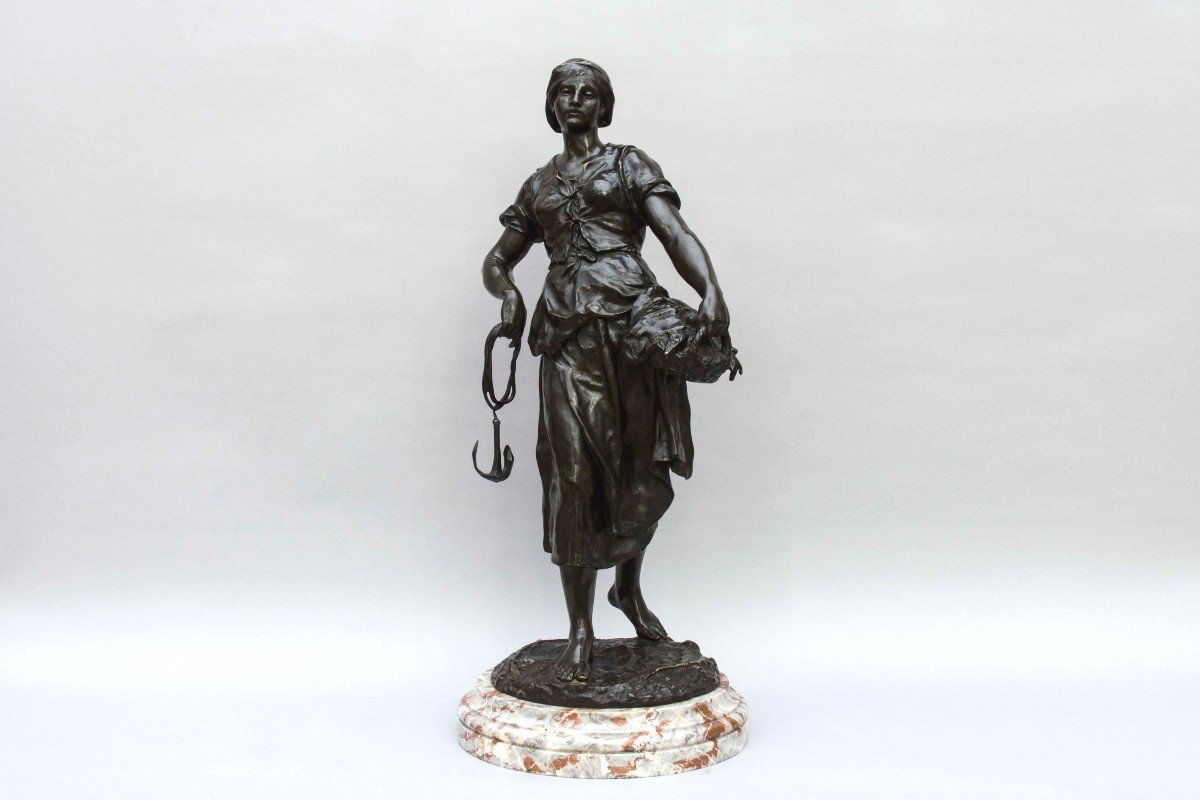 Large Bronze "return From Fishing", Picault Emile, 19th Century