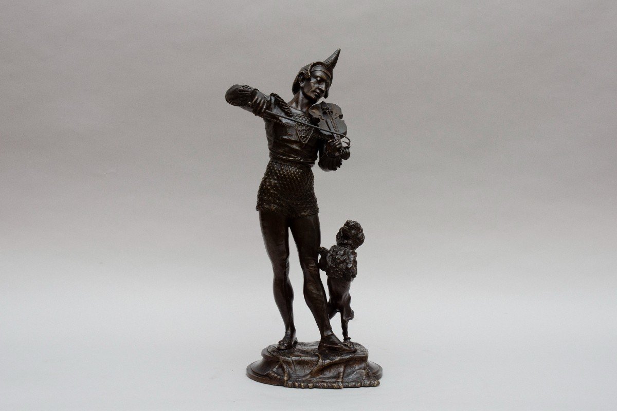 Bronze "clown Playing The Violin With His Poodle", Alfred Barye-photo-3
