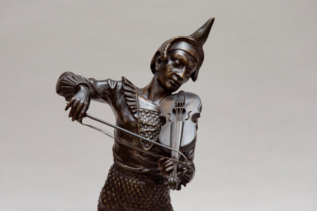 Bronze "clown Playing The Violin With His Poodle", Alfred Barye-photo-4